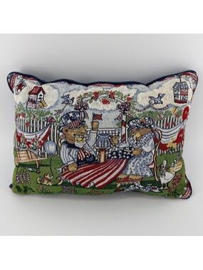 Vintage Natco Tapestry Throw Pillow Americana Bears, Summer, 4th of July, USA